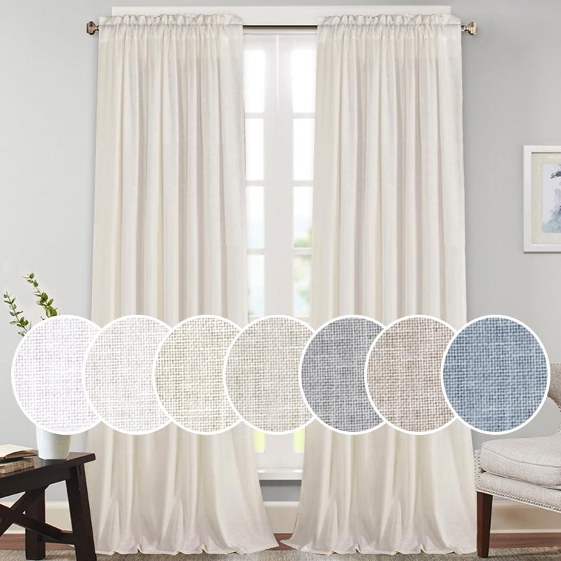 PrinceDeco Elegant & Casual Burlap Natural 108 inch Curtains, Rod Pocket Thick Linen Blend Light Filtering Window Treatment for Bedroom/Living Room, 2 Panels (Natural, 52" W x 108" L) - Image 1